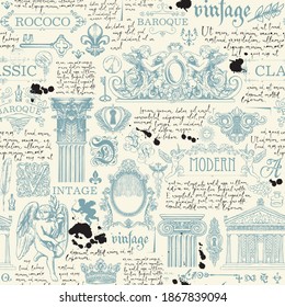 Seamless pattern on the theme of vintage art, furniture and Antiques. Vector background with sketches, drawings and handwritten text lorem ipsum. Wallpaper, wrapping paper or fabric in retro style