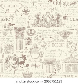 Seamless pattern on the theme of vintage art, furniture and Antiques. Vector background with sketches, drawings and handwritten text lorem ipsum in retro style