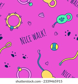 Seamless pattern on the theme of a walk with a dog. Image of walking accessories, namely leashes and collars. Vector illustration on bright pink background.