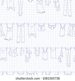 Seamless pattern on the theme of washing and cleanliness, various clothes , blue  contour  icons on the clean writing-book sheet in a cage