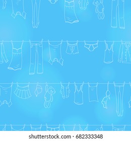 Seamless pattern on the theme of washing and cleanliness, various clothes , a light contour icons on blue background
