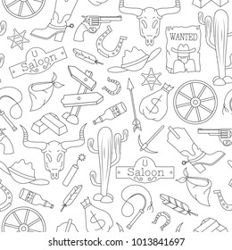 Seamless pattern on the theme of the wild West, contour icons, black contour on white background