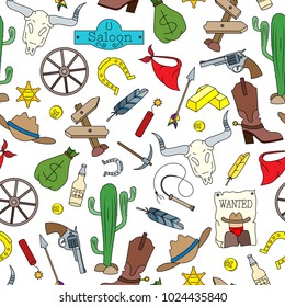 Seamless pattern on the theme of the wild West, colored cartoon icons on white background