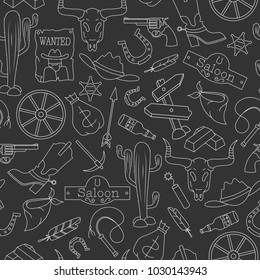 Seamless pattern on the theme of the wild West, contour icons, white contour on  a dark background