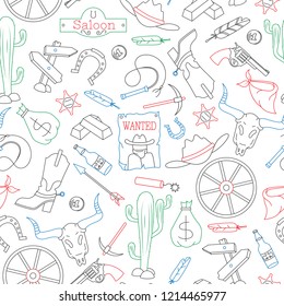 Seamless pattern on the theme of the wild West, contour icons, painted with colored markers on white background