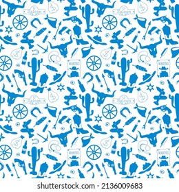 Seamless pattern on the theme of the wild West, contour icons, blue silhouettes icons on a white background 