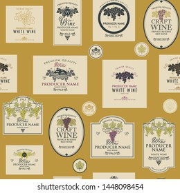 seamless pattern on the theme of wine with various wine labels with images of grapes, landscapes, winery and other in retro style