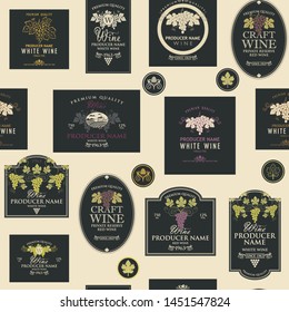 seamless pattern on the theme of wine with various wine labels with images of grapes, landscapes, winery and other in retro style