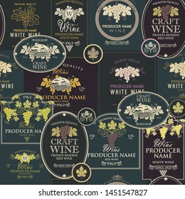 seamless pattern on the theme of wine with various wine labels with images of grapes, landscapes, winery and other in retro style