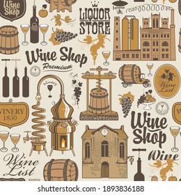 Seamless pattern on the theme of wine shop and wine production with drawings and inscriptions in retro style. Suitable for Wallpaper, wrapping paper, textile, fabric, background