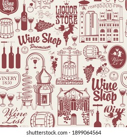 Seamless pattern on the theme of wine, wine shops and wine making with drawings and inscriptions in retro style on an old paper background. Suitable for Wallpaper, wrapping paper, textile, fabric