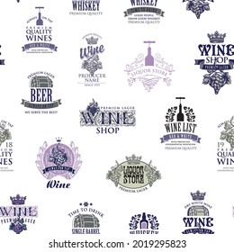 Seamless pattern on the theme of wine, beer, whiskey in retro style. Vector background with labels, logos, sings for various alcohol beverages on a light backdrop. Wallpaper, wrapping paper or fabric