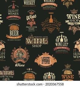 Seamless pattern on the theme of wine, beer, whiskey. Retro-style vector background, wallpaper, wrapping paper or fabric with labels, logos, emblems for various alcoholic beverages on a black backdrop