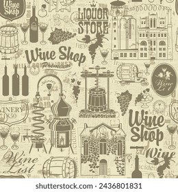 Patrón sin fisuras en el tema del vino, tiendas de vino y elaboración de vinos con dibujos e inscripciones en estilo retro sobre un fondo de periódico antiguo. Adecuado para papel pintado, papel de embalaje, textil, tela