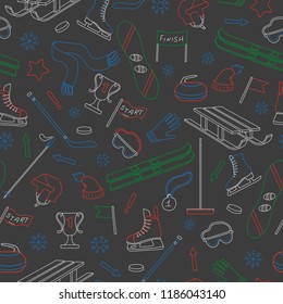 Seamless pattern on the theme of winter sports, simple colored chalks on the dark school Board
