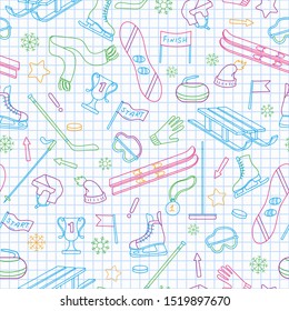 Seamless pattern on the theme of winter sports, simple outline painted with colored markers on white background
