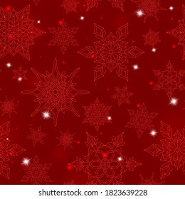 Seamless pattern on the theme of winter and winter holidays, the contour of the snowflake and flare, pink snowflakes on a red background
