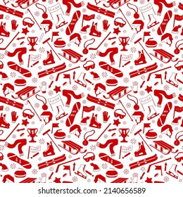 Seamless pattern on the theme of winter sports, simple contour icons on ball background,red silhouettes icons on a white  background 