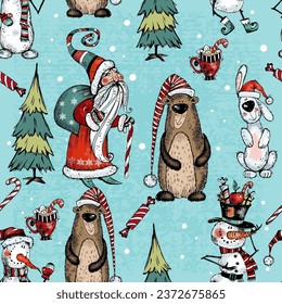 Seamless pattern on the theme of winter and Christmas. Funny Santa with cute animals. Vector.