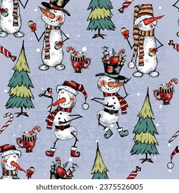 Seamless pattern on the theme of winter and Christmas. Funny snowmen. Vector.