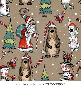 Seamless pattern on the theme of winter and Christmas. Funny Santa with cute animals. Vector.