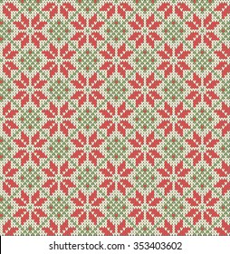 Seamless pattern on the theme of the winter holidays with a picture of the Norwegian and fairisle patterns and snowflakes. Wool knitted texture. Vector Illustration