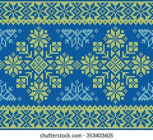 Seamless pattern on the theme of the winter holidays with a picture of the Norwegian and fairisle patterns and snowflakes. Wool knitted texture. Vector Illustration