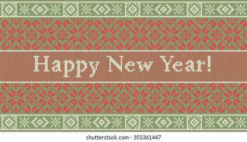 Seamless pattern on the theme of the winter holidays with a picture of the Norwegian and fairisle patterns and snowflakes. Wool knitted texture. The inscription Happy New Year. Vector Illustration