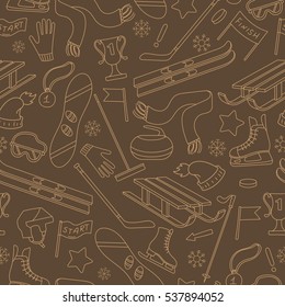 Seamless pattern on the theme of winter sports, simple contour icons on brown background