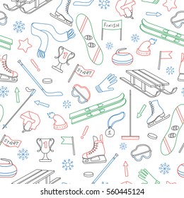 Seamless pattern on the theme of winter sports, simple colored outline on a white background