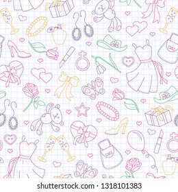 Seamless pattern on the theme of women, women's accessories and items, contour icons are drawn with colored markers on the clean writing-book sheet in a cage