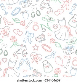 Seamless pattern on the theme of women, women's accessories and items, contour icons are drawn with colored markers on white background