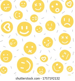 Seamless pattern on the theme of World Emoji Day on June 17. Decorated with different moods, hand-drawn faces.
