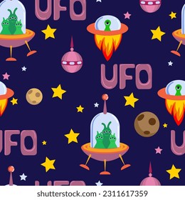 Seamless pattern on the theme of World UFO Day. UFO lettering and illustration with aliens. Vector template for typographic poster, banner, flyer, sticker, wallpaper, etc.