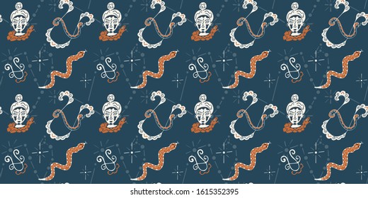 Seamless pattern on the theme of the zodiac sign Ophiuchus. Astrological symbols hand-drawn. For fabric, textile, wrapping paper, scrapbooking, etc. Dark background. Vector.