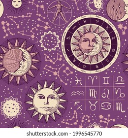Seamless pattern on the theme of zodiac and horoscopes. Hand-drawn vector background with sun, moon, stars, constellations and human figure like Vitruvian man on a purple backdrop in retro style