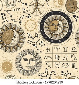 Seamless pattern on the theme of zodiac and horoscopes in retro style. Hand-drawn vector background with sun, moon, stars, constellations and human figure like Vitruvian man on an old paper backdrop