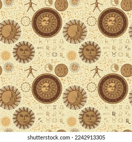 Seamless pattern on the theme of zodiac and horoscopes. Hand-drawn vector background with sun, moon, stars, constellations and human figure like Vitruvian man on backdrop in retro style