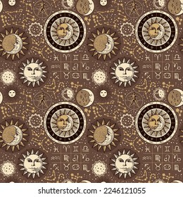 Seamless pattern on the theme of zodiac and horoscopes. Hand-drawn vector background with sun, moon, stars, constellations and human figure like Vitruvian man on backdrop in retro style