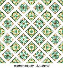 Seamless pattern on the tiles, majolica, arabic, green, orange, vector