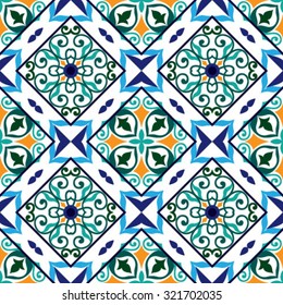 Seamless pattern on the tiles, majolica, arabic, green, orange, vector