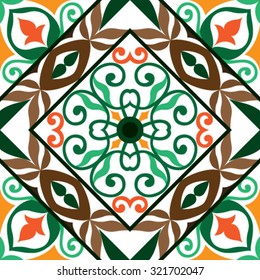 Seamless pattern on the tiles, majolica, arabic, green, orange, vector