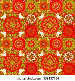 Seamless pattern on the tiles, majolica, arabic, red, green, orange, vector