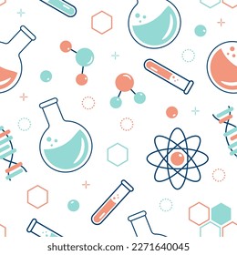 Seamless pattern on the topic of chemistry with flasks, test tubes, molecules