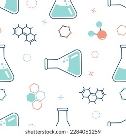Nahtloses Muster zum Thema Chemie mit Kolben, Reagenzröhren, Molekülen