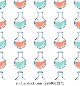 Patrón sin foco sobre el tema de la química con frascos, tubos de ensayo, moléculas