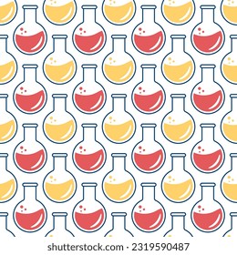 Seamless pattern on the topic of chemistry with flasks, test tubes, molecules