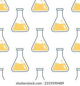 Seamless pattern on the topic of chemistry with flasks, test tubes, molecules