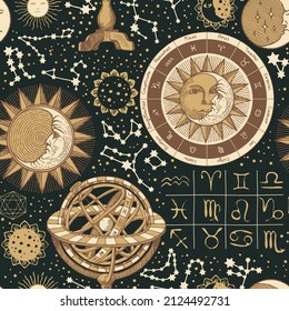 seamless pattern on the topic of horoscopes and zodiacs in vintage style. Vector background with hand-drawn sun, moon, stars, constellations and astrological signs on an old paper backdrop