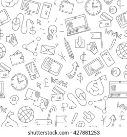Seamless pattern on the topic of information technology and earn money online, simple hand-drawn contour icons, dark outline on a light background